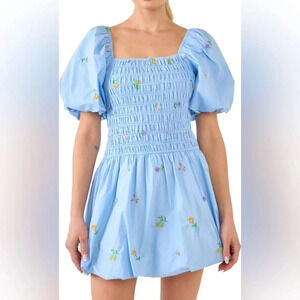 English Factory Floral Embroidery Cotton Puff Sleeve Mini Dress